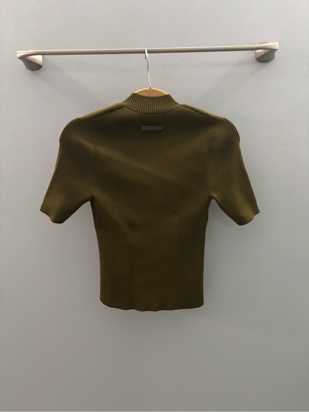 Tory Burch Half Zip Olive Green Short-Sleeve Ribbed Zip Mock-Neck Top - Picture 5 of 6